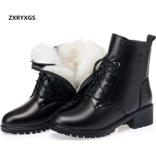 Top Full Cowhide Womens Boots 2020 British Style Winter Leather Boots Inisde Plush / Wool Warm Shoes Snow Boots Martin Boots