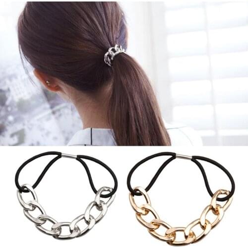 Fashion Punk hair bands Gold Silver Color Woman Elastic Hair Band Rope Ties Metal Ponytail Holder Girls Hair Accessories