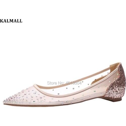 KALMALL Women Diamonds Strass Flats Crystal Bling Dress Shoes Mesh Rhinestone Loafers Ballet Shoes Women