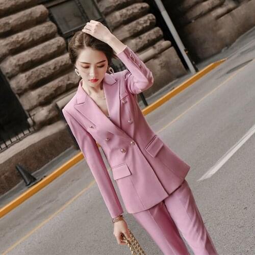 2021 New Elegant Office Work Wear Pant Suits OL 2 Piece Sets Double Breasted Blazer Jacket & Trousers Suit for Women Set Y374