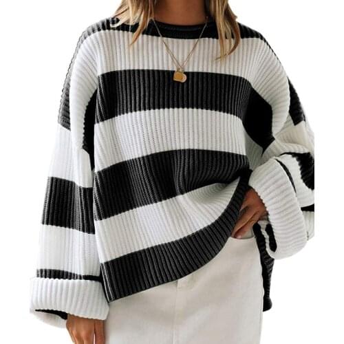 Oversized Casual Striped Sweater Women Winter 2019 Color Block Long Sleeve Loose Pullover Winter Knitted Ladies Jumper Tops