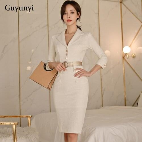 Office Lady Dress 2020 Autumn Winter High Waist Matching Belt White Pencil Dress Notched Neck Elegant Party Dress Women
