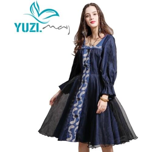 Women Dress 2019 Yuzi.may Boho New Organza Dresses Long Flare Sleeve Square Collar Vintage Embroidery Vestidos A82131 Vestido
