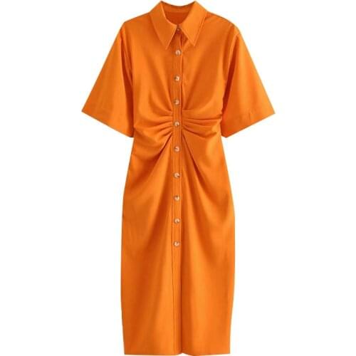 Women 2021 Chic Fashion Button-up Draped Midi Shirt Dress Vintage Short Sleeve Side Zipper Female Dresses Vestidos