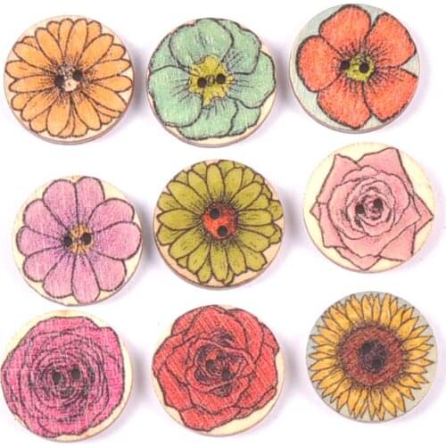 50Pcs 20mm Mixed Flower Painted Round Wooden Buttons For Clothing Sewing Supplies Handmade Scrapbooking Crafts DIY Kid Apparel