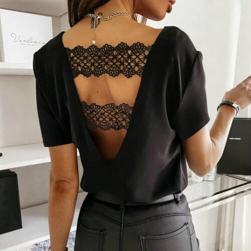 Imcute Lace Backless V-Neck Shirts Elegant Fashion Women Tops Summer Short Sleeve Trim Pullover Tops OL Lady Slim Solid Blouse