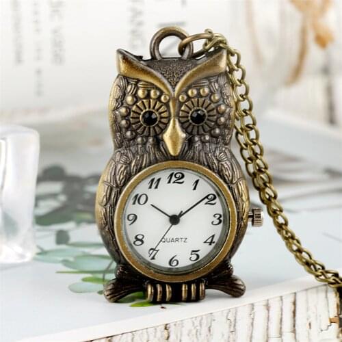 Bronze Owl Shape Pendant Watch Quartz Pocket Watch Retro Fob Sweater Chain Arabic Numerals Display Necklace Clock