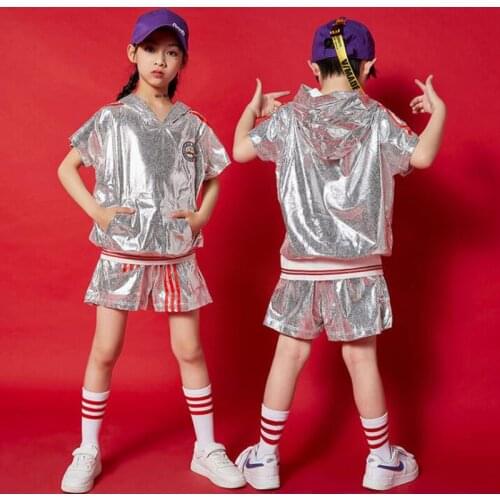 Kids Sequined Ballroom Hip Hop dancing Outfits Silver Tshirt Shorts For Girls Boys Jazz Dance Wear Costumes Stage Show Outfits