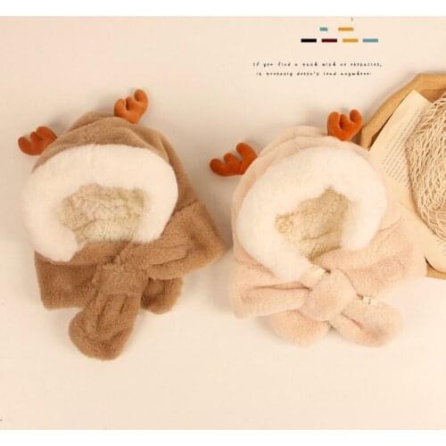 FOCUSNORM 6 Colors Baby Girls Boys Cartoon Hat with Scarf Solid Winter Plush Ear Protect Cap Outfits 1-4Y