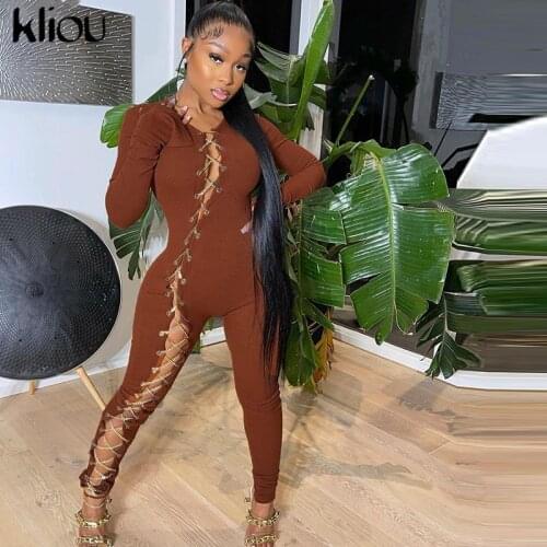 Kliou Ribbed Hollow Out Sexy Stretchy Jumpsuit Women Solid Flared Sleeve Skinny Slim Fashion Street Style One Piece Overalls