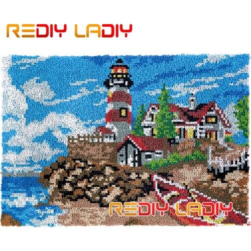 Latch Hook Rug Lighthouse Scenery Plush Wall Hanging DIY Carpet Rug Chunky Yarn Arts Cushion Crocheted Floor Mat Hobby & Crafts
