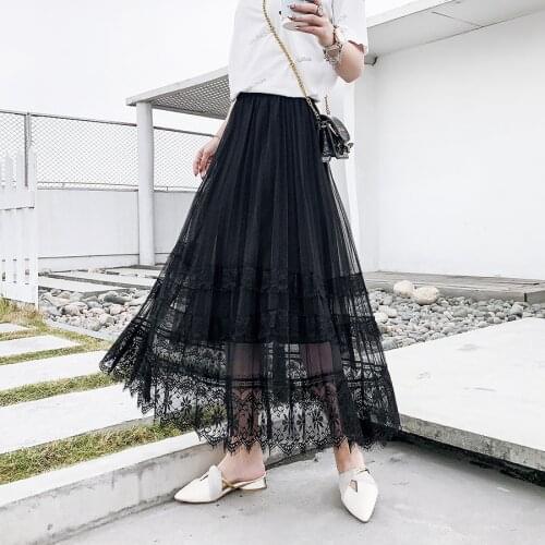 Trendy Lace Skirts Womens Mesh Lace Splicing Long Skirt High-waist Elastic Pleated A-line Elegant Skirt 6 Colors