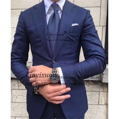 Navy Blue Mens Suits Slim Fit 2 Pieces Formal Business Blazer Wedding Groom Tuxedo Male Fashion Costume Jacket with Pants