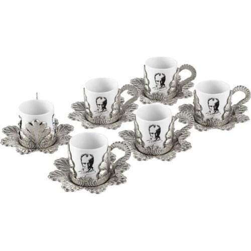Set 6 Person Turkish Greek Arabic Coffee Espresso Ataturk Signed Gold Silver High Quality Zamac Porcelain Made in Turkey