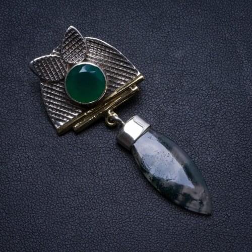 Natural Moss Agate and Chrysoprase Handmade Unique 925 Sterling Silver Pendant 2" X1606