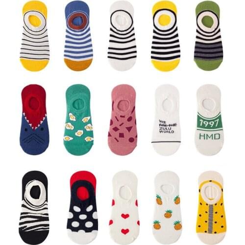 Invisible Socks for Men Women Shallow Cotton Cartoon Autumn Stripe Thin Ins Fashion Non-slip Female Unisex Socks Slipper Low Cut