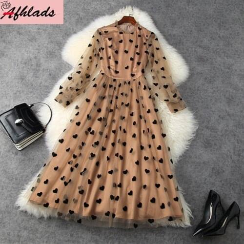 New Womens Clothing Spring Dress Luxury Ladies Long Sleeved High Waist Round Neck Elegant Print Mesh Mid-Calf Party Vestidos