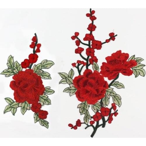 Peony Embroidery Cloth Stickers Hole Patch Red Large Hand-Stitched Clothes Pattern Appliques Diy Sewing Eco-Friendly Fabric