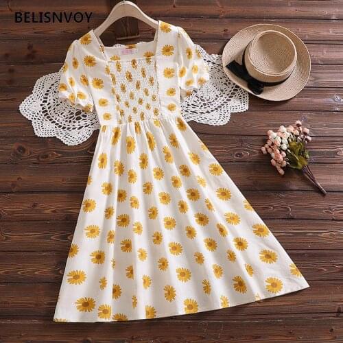 Mori Girl Summer Women Kawaii Short Dress Square Collar Sunflowers Printed Mujer Vestido Elegant Sweet Puff Sleeve Cute Dress