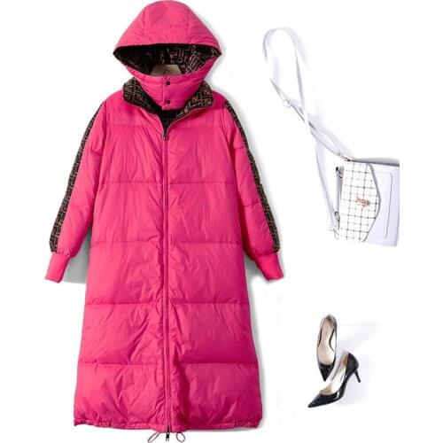 Down jacket womens winter standing collar hooded thickened warm over the knee long coat letter printed down jacket