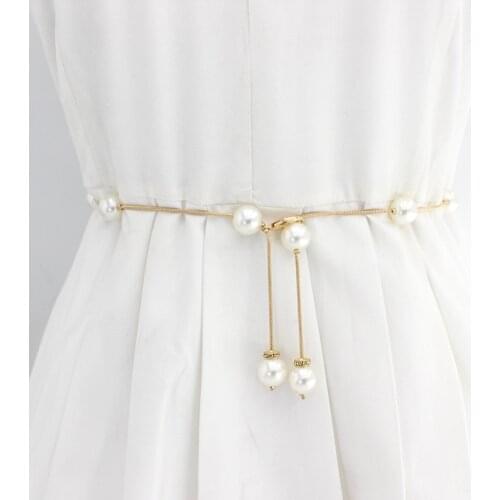 1PCS Elegant Women Pearl Belt Waist Belt Elastic Buckle Pearl Chain Belt Female Girls Dress Crystal Strap