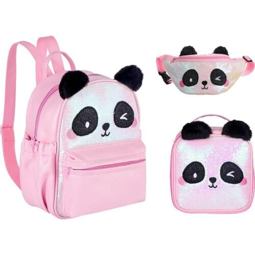 Little Girls Sequins Panda Backpacks for Children Mermaid Schoolbags Luch Box Waist Bag Cute Toddler Animal Shoulders Back Pack