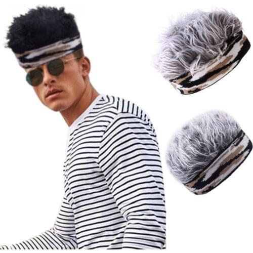 Men Women Novelty Short Wig Brimless Beanie Hat Fake Hair Funny Camouflage Knitted Landlord Sailor Cap Stretchy Cosplay Costume