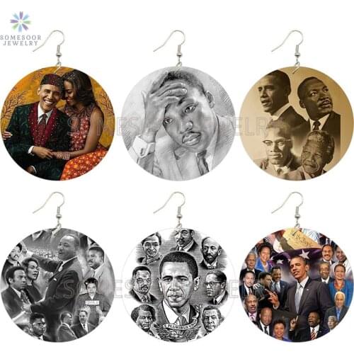 SOMESOOR Printed Great Black History Leaders Wooden Drop Earrings American President Obama African Martin Luther King Designs