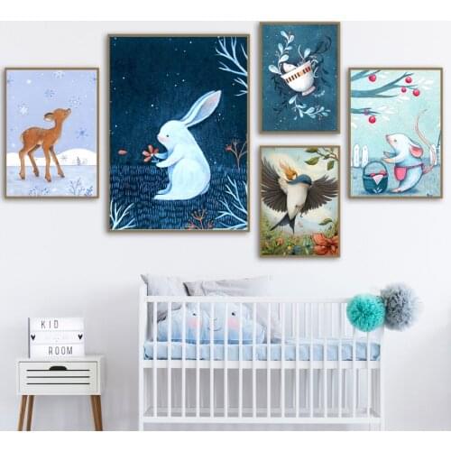 Vintage Deer Rabbit Bird Mouse Forest Night Nordic Posters And Prints Wall Art Canvas Painting Wall Pictures Kids Room Decor