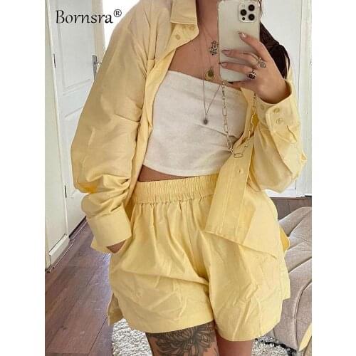 Bornsra Womens 2021 Single-breasted Striped Long-sleeved Shirt and Two-piece Loose Straight Casual Shorts Suit Plaid Woman Set