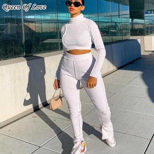 2 Piece Women Knitted Turtleneck Crop Top Sweater Pant Matching Set 2021 Autumn Winter Casual Ribbed Split Flare Pants Outfits