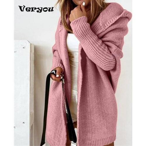 2021 New Womens Knitted Cardigan Sweater With Cap Collar Temperament Bat-shaped Hoodie Soft Loose Back Sstitching Sweater