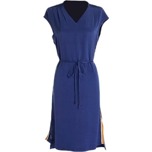Gowani summer womens new elegant side stripes casual V neck pleated belted silk dress