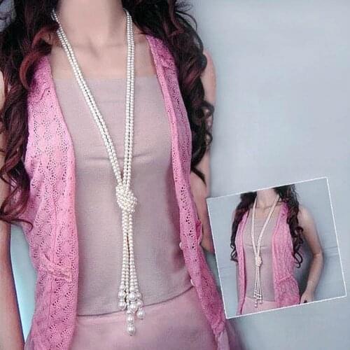 Women Necklace Simulated Pearl Double-layer Knotted Tassel Pendant Long Chain Sweater Chain W118