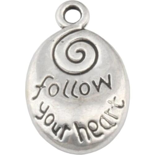 100 Pcs Zinc alloy metal Oval " follow your heart "charm Pendants 12.5x20mm DIY Jewelry A-160