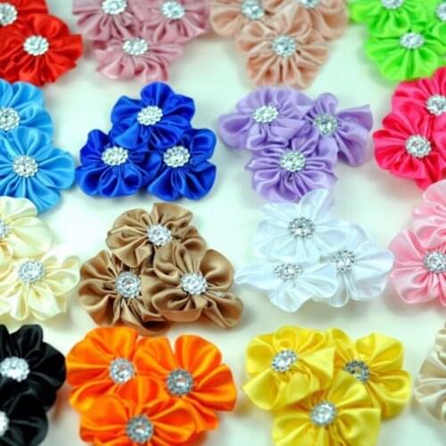 120pcs/lot 16colors Triple Hair Clips Satin Ribbon Cluster Flowers+Rhinestones For Hair Accessories Fabric Flowers For Headbands