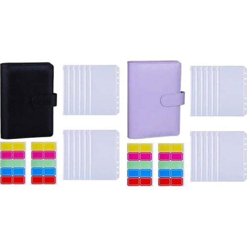 2 Set A6 PU Leather Binder Sleeve with 12 Pieces A6 Binder Bag Loose Leaf Bag, Black & Purple