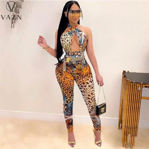 VAZN 2021 Vintage Shinny Halter Tie Dye Print Holiday Style Slim Sleeveless Chiffon Sexy Club Holiday Women Jumpsuits