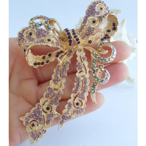 4.13" Elegant Bowknot Brooch Pin Purple Rhinestone Crystal Pendant EE05823C2