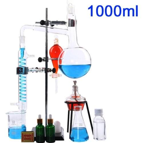 1000ml New Lab Essential Oil Distillation Apparatus Water Distiller Purifier Glassware Kits w/Condenser Pipe Full Sets