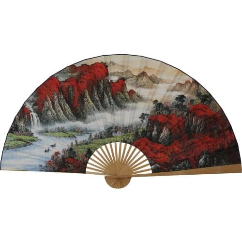 Large Folding Paper Fan Chinese Style Crafts Banboo Frame Background Decorative Fan Hanging Red Mountain Good Luck