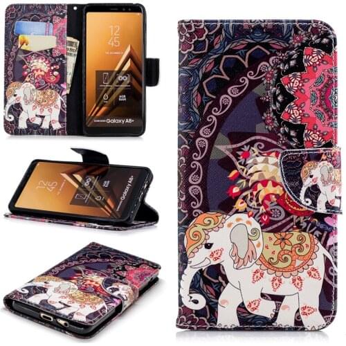 Flip Colored Drawing PU Leather Case with Kickstand for Samsung Galaxy A8+(2018) A800J Mobile Phone Case with Wallet Card Holder