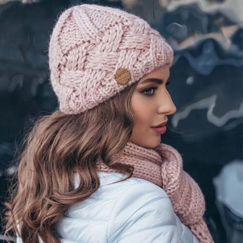 Fashion Autumn Winter Hats For Women Geometric Wool Knitted Hat Solid Handmade Beanie Cap Gorros Mujer Invierno Female Bonnet