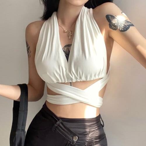 2021 Fashion Trend Chain Backless Bandage Tank Top Women Sexy Sleeveless V Neck Hollow Out Solid Crop Top Streetwear Camisole