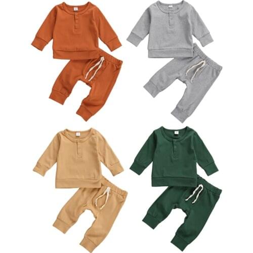0-18M Toddler Infant Baby Boy Girl Autumn Clothing Set 2Pcs Long Sleeve Cotton Solid Top Long Pant Fall Outfit For Cute Baby