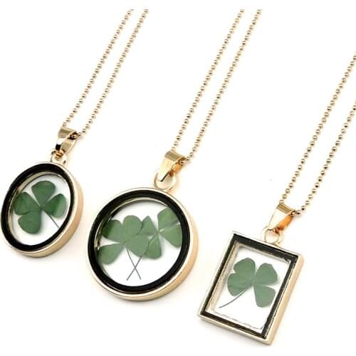 Lucky Four Leaf Clover Shamrock Real Flower Necklace Fashion Design Pressed Dried Botanical Pendants Necklaces For Women & Men