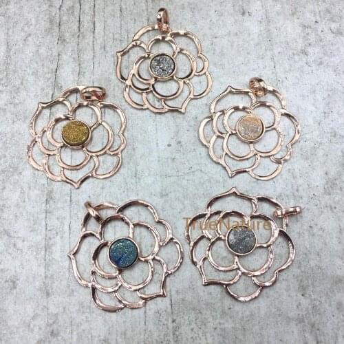 Mothers Gift Flower Style Pendants Rose Gold Electroplated Charms With Colorful Druzy Crystal In 45*35 mm PM4839