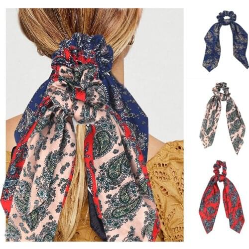 Floral Print Scrunchie Women Ponytail Hair Scarf Elastic Bohemian Hairband Bow Girls Hair Ties Haar Accessoires gumki do wlosow