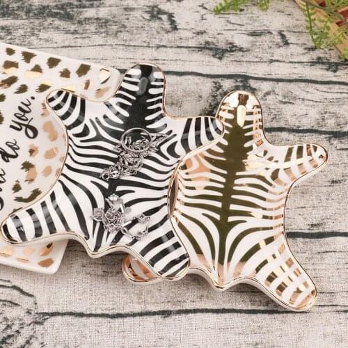 Hand Painted Gold Tiger Skin Ceramic Plate Decorative Zebra Dish Small Jewelry Rack Rings Bracelets Earrings Trays Holder