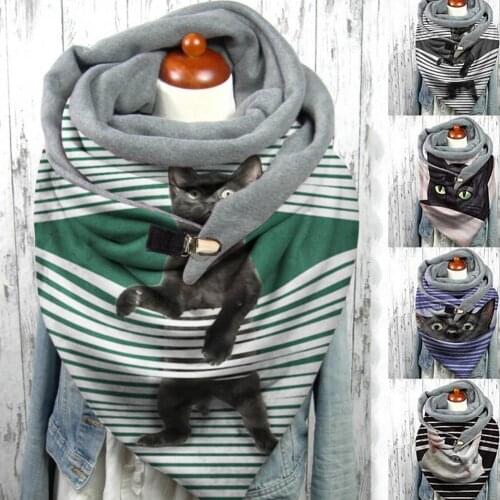 Fashion Winter Warm Cashmere Scarf Knit Neck Scarf Shawl Neck Wrap Women Cats Floral Print ButtonSoft Neck Wrap Warm Scarf Shawl